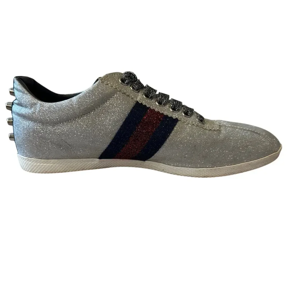 Gucci Bambi Silver Glitter Web Sneaker‎ 39 Spiked